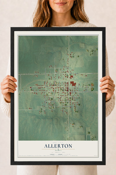 Map of Allerton, Iowa, 18 x 24 inch print in a black wood frame