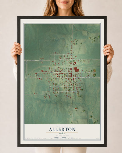 Map of Allerton, Iowa, 24 x 36 inch print in a black wood frame
