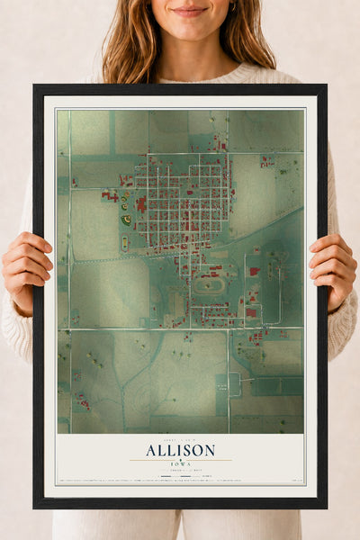 Map of Allison, Iowa, 18 x 24 inch print in a black wood frame
