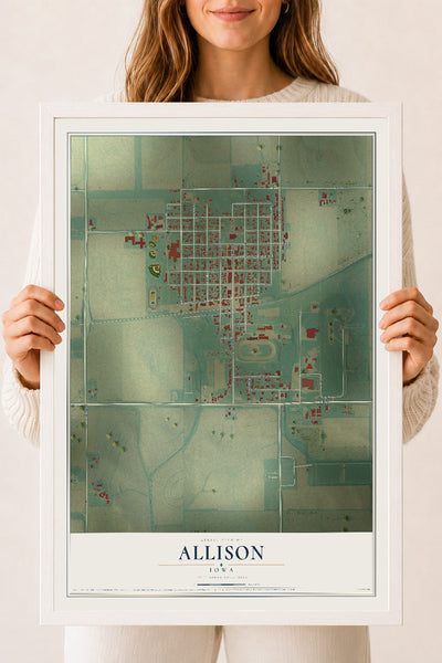 Map of Allison, Iowa, 18 x 24 inch print in a white wood frame