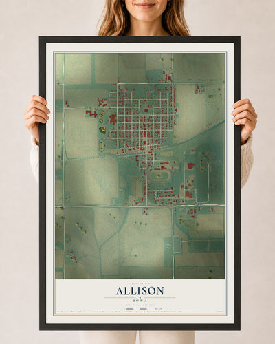 Map of Allison, Iowa, 24 x 36 inch print in a black wood frame