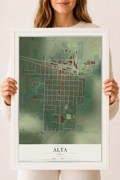 Map of Alta, Iowa, 18 x 24 inch print in a white wood frame