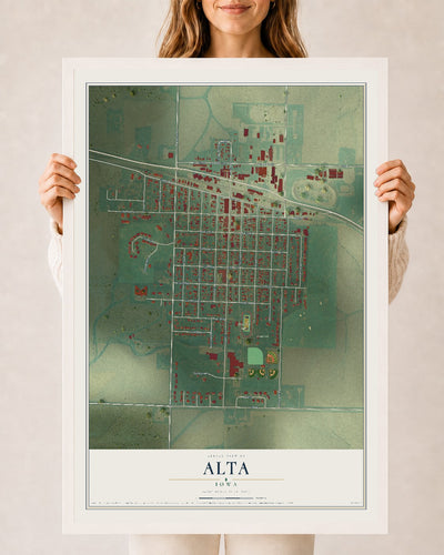 Map of Alta, Iowa, 24 x 36 inch print in a white wood frame