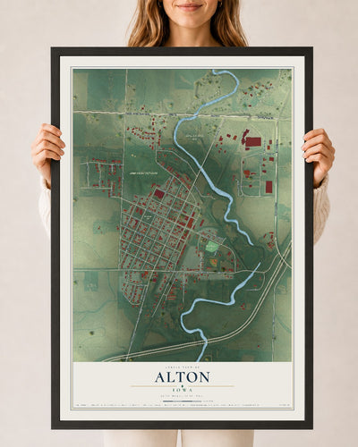 Map of Alton, Iowa, 24 x 36 inch print in a black wood frame
