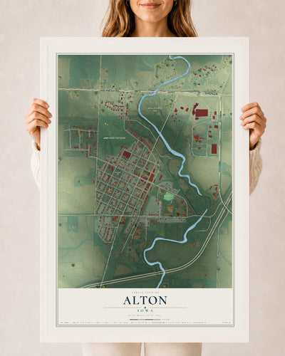 Map of Alton, Iowa, 24 x 36 inch print in a white wood frame