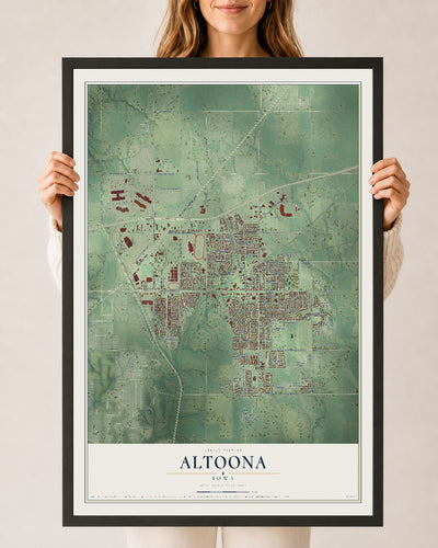 Map of Altoona, Iowa, 24 x 36 inch print in a black wood frame