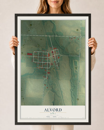 Map of Alvord, Iowa, 24 x 36 inch print in a black wood frame