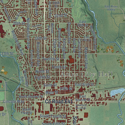 Close-up of the map of Ames, Iowa print showing street and building detail