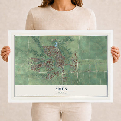 Map of Ames, Iowa, 12 x 18 inch print in a white wood frame