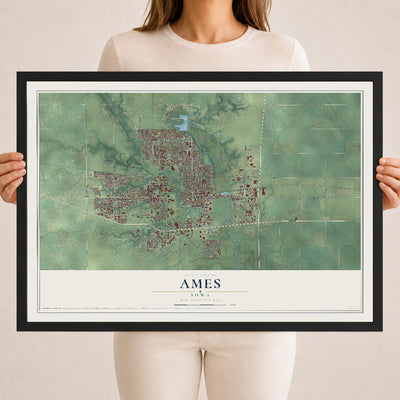 Map of Ames, Iowa, 18 x 24 inch print in a black wood frame