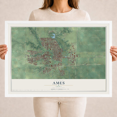 Map of Ames, Iowa, 18 x 24 inch print in a white wood frame