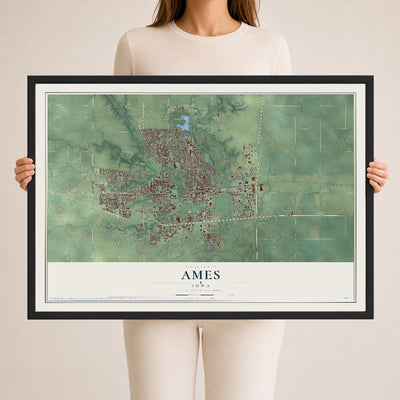 Map of Ames, Iowa, 24 x 36 inch print in a black wood frame