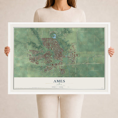 Map of Ames, Iowa, 24 x 36 inch print in a white wood frame