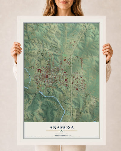 Map of Anamosa, Iowa, 24 x 36 inch print in a white wood frame