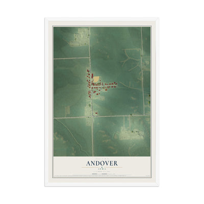 Map of Andover, Iowa, 12 x 18 inch print in a white wood frame