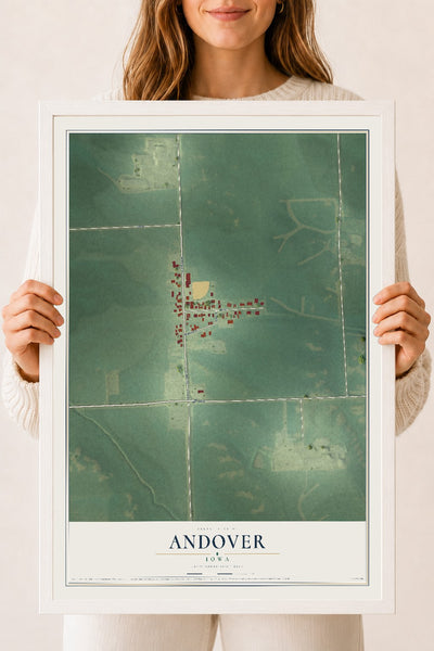 Map of Andover, Iowa, 18 x 24 inch print in a white wood frame