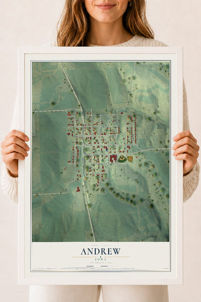 Map of Andrew, Iowa, 18 x 24 inch print in a white wood frame