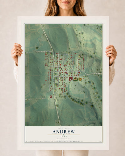 Map of Andrew, Iowa, 24 x 36 inch print in a white wood frame