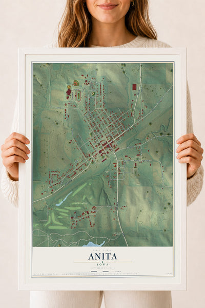 Map of Anita, Iowa, 18 x 24 inch print in a white wood frame