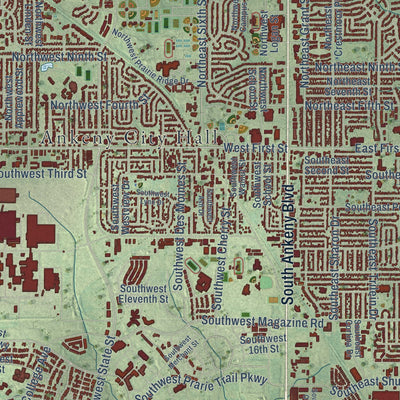 Close-up of the map of Ankeny, Iowa print showing street and building detail