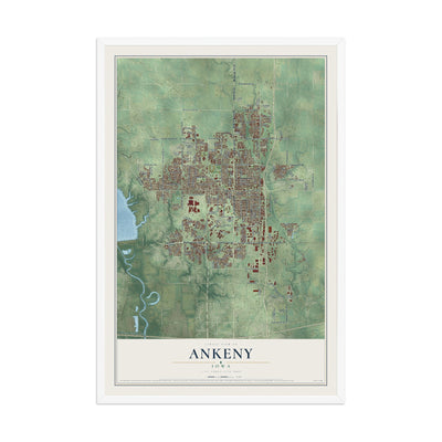 Map of Ankeny, Iowa, 12 x 18 inch print in a white wood frame