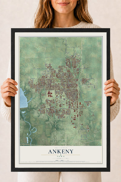 Map of Ankeny, Iowa, 18 x 24 inch print in a black wood frame