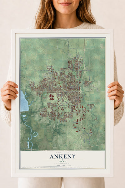 Map of Ankeny, Iowa, 18 x 24 inch print in a white wood frame