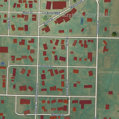 Close-up of the map of Arcadia, Iowa print showing street and building detail