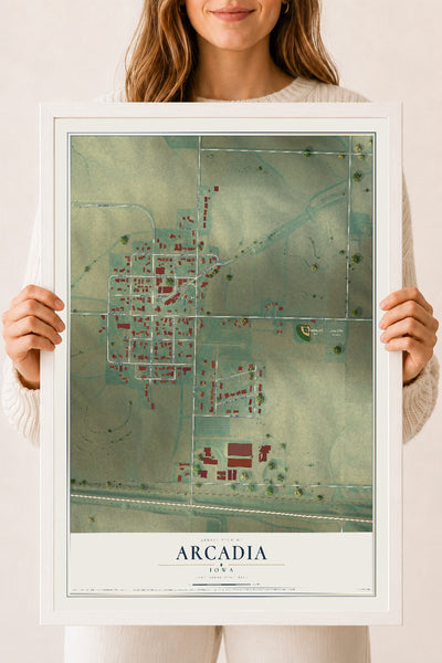 Map of Arcadia, Iowa, 18 x 24 inch print in a white wood frame