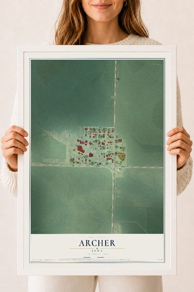 Map of Archer, Iowa, 18 x 24 inch print in a white wood frame