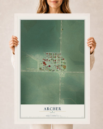 Map of Archer, Iowa, 24 x 36 inch print in a white wood frame