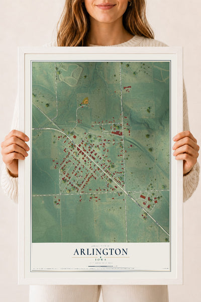Map of Arlington, Iowa, 18 x 24 inch print in a white wood frame
