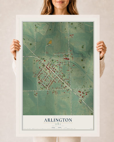 Map of Arlington, Iowa, 24 x 36 inch print in a white wood frame