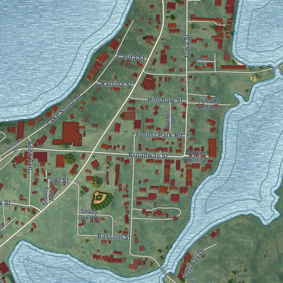 Close-up of the map of Arnolds Park, Iowa print showing street and building detail