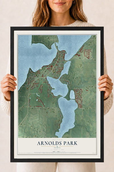 Map of Arnolds Park, Iowa, 18 x 24 inch print in a black wood frame