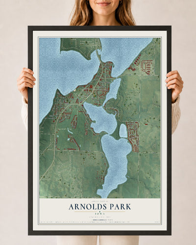 Map of Arnolds Park, Iowa, 24 x 36 inch print in a black wood frame