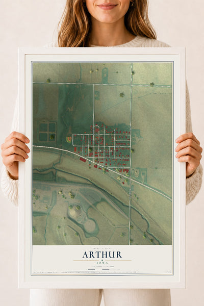 Map of Arthur, Iowa, 18 x 24 inch print in a white wood frame