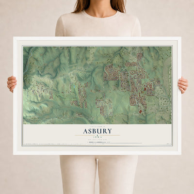 Map of Asbury, Iowa, 24 x 36 inch print in a white wood frame