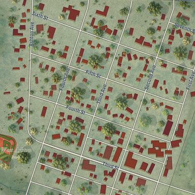 Close-up of the map of Ashton, Iowa print showing street and building detail