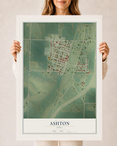 Map of Ashton, Iowa, 24 x 36 inch print in a white wood frame