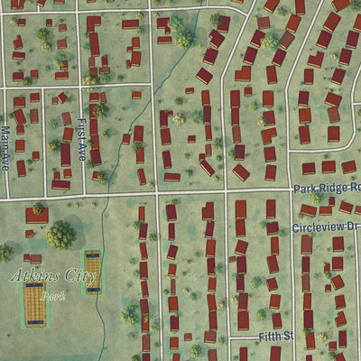 Close-up of the map of Atkins, Iowa print showing street and building detail