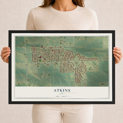 Map of Atkins, Iowa, 12 x 18 inch print in a black wood frame
