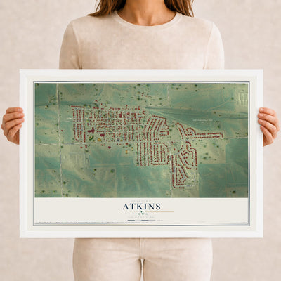 Map of Atkins, Iowa, 12 x 18 inch print in a white wood frame