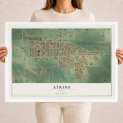 Map of Atkins, Iowa, 18 x 24 inch print in a white wood frame