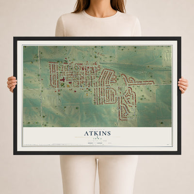 Map of Atkins, Iowa, 24 x 36 inch print in a black wood frame