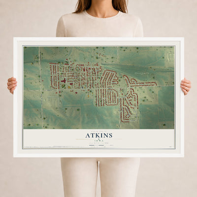 Map of Atkins, Iowa, 24 x 36 inch print in a white wood frame