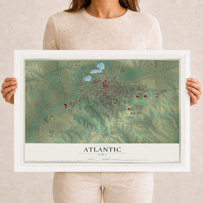 Map of Atlantic, Iowa, 12 x 18 inch print in a white wood frame