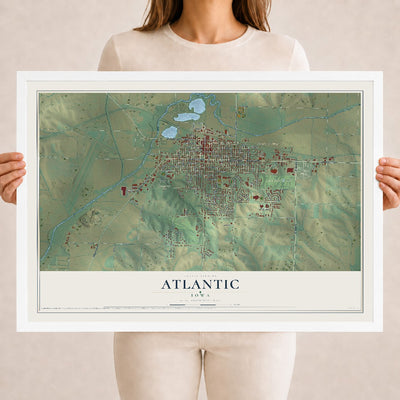 Map of Atlantic, Iowa, 18 x 24 inch print in a white wood frame