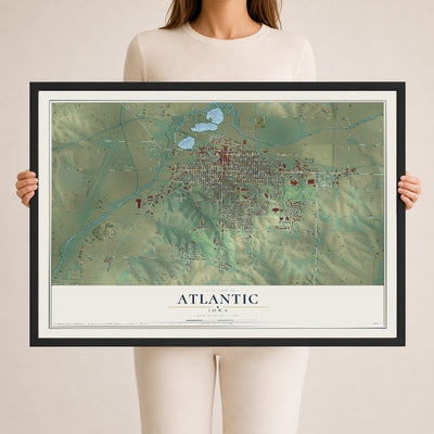 Map of Atlantic, Iowa, 24 x 36 inch print in a black wood frame