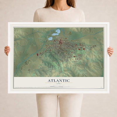 Map of Atlantic, Iowa, 24 x 36 inch print in a white wood frame